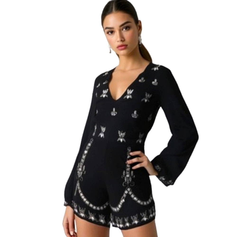 Sequin Embellished Flare Sleeve Black Vneck Shorts Jumpsuit Romper By MISSGUIDED